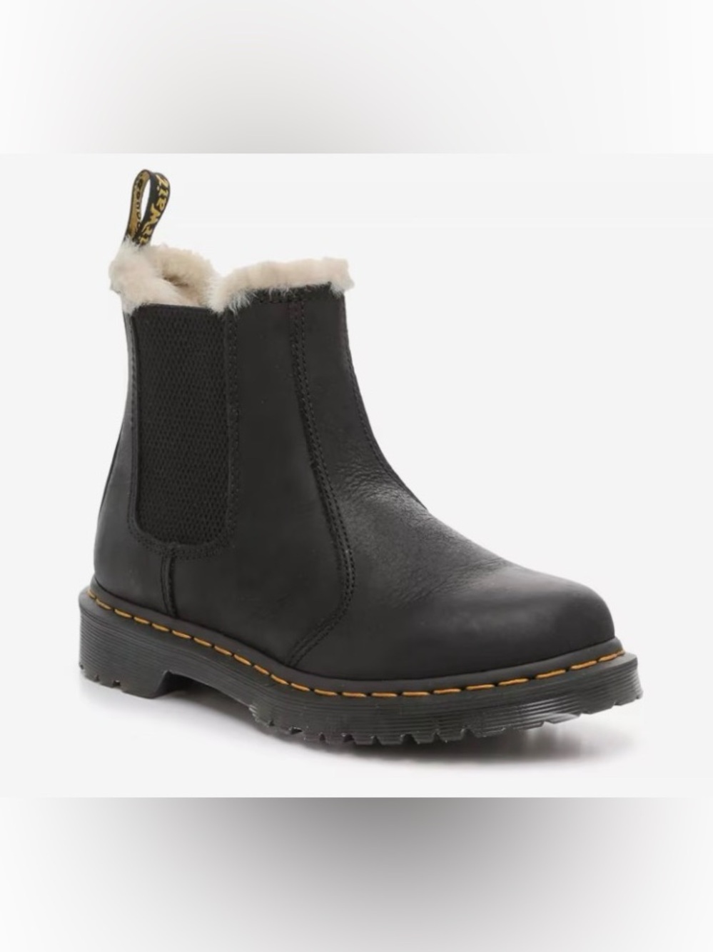 Dr. Martens Leonore Black Leather Chelsea Boot with Cream Shearling Collar